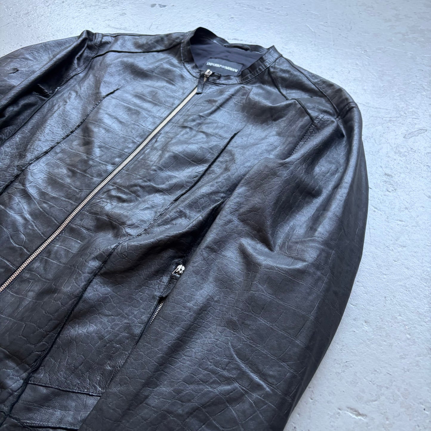Emporio Armani 2010 Black Crocodile Textured Lamb Leather Jacket (54)