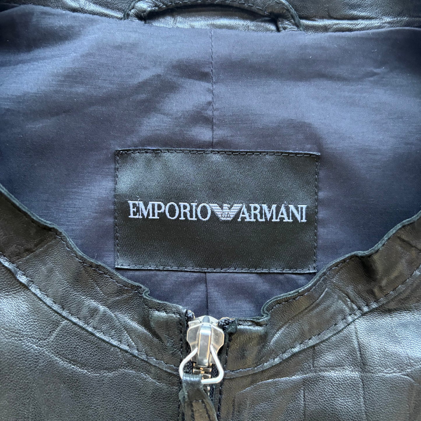 Emporio Armani 2010 Black Crocodile Textured Lamb Leather Jacket (54)