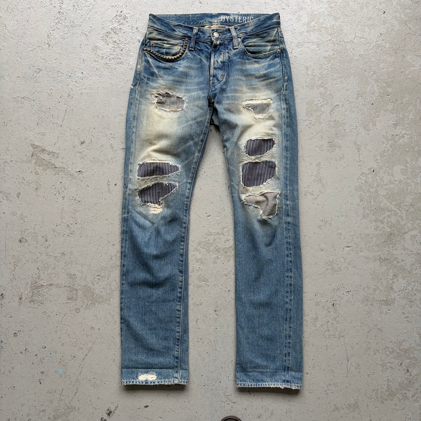 Hysteric Glamour Studded Hickory Distressed Light Wash Denim (30)