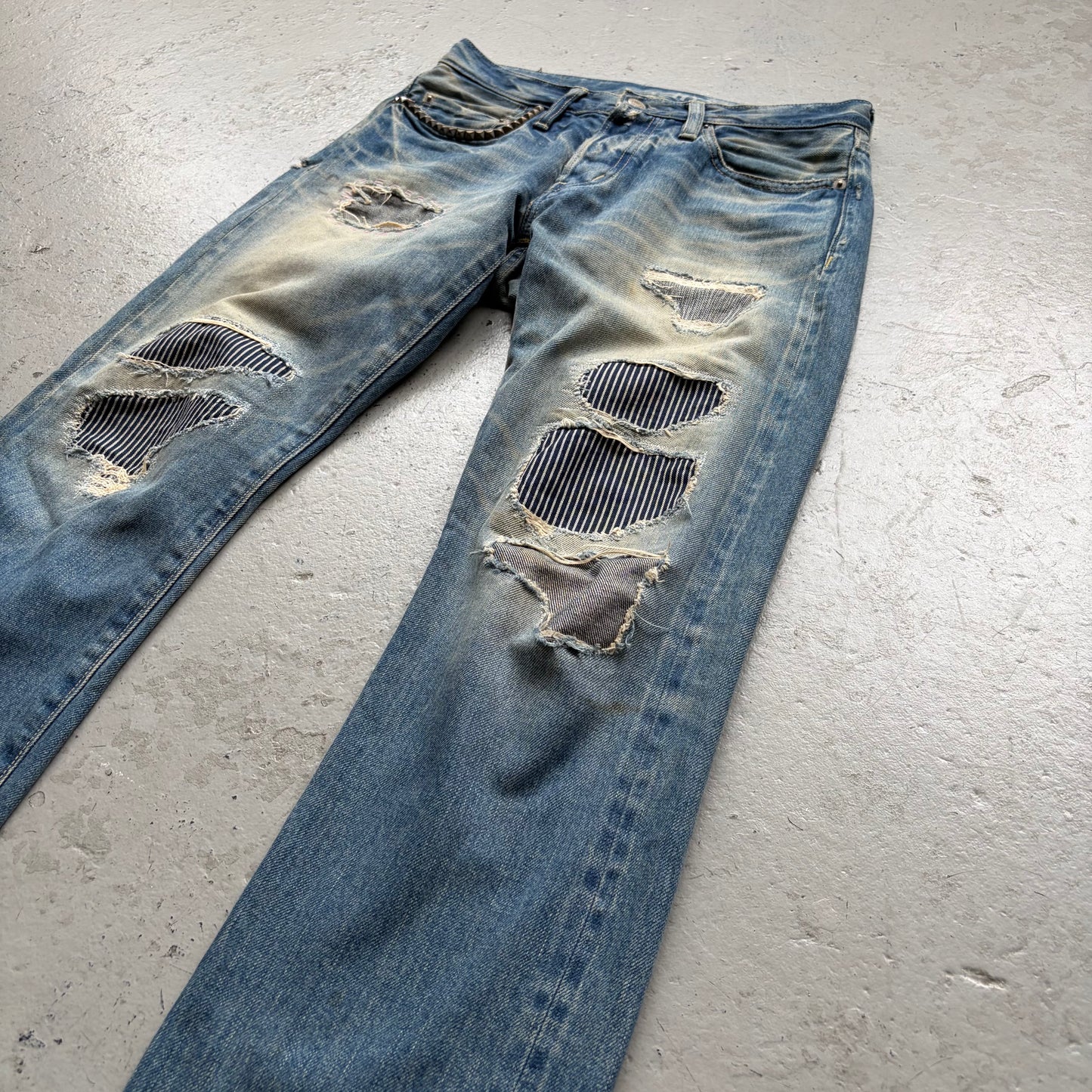 Hysteric Glamour Studded Hickory Distressed Light Wash Denim (30)
