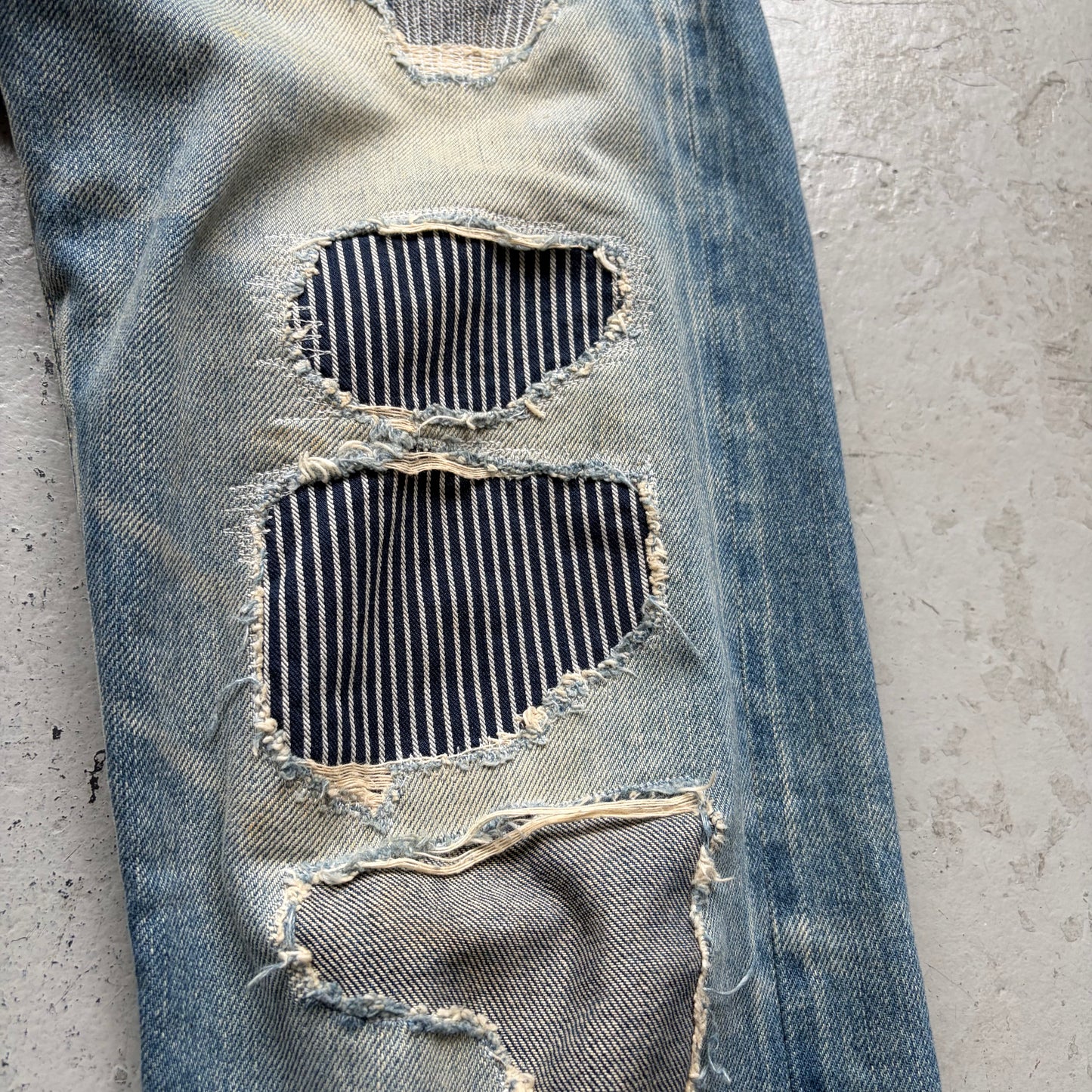 Hysteric Glamour Studded Hickory Distressed Light Wash Denim (30)