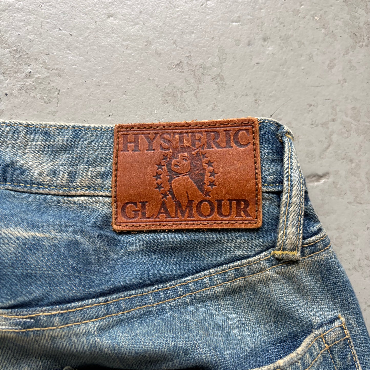 Hysteric Glamour Studded Hickory Distressed Light Wash Denim (30)