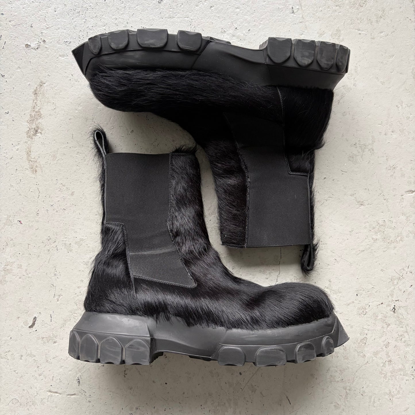 Rick Owens Black Pony Hair Bozo Tractor Boots (45)
