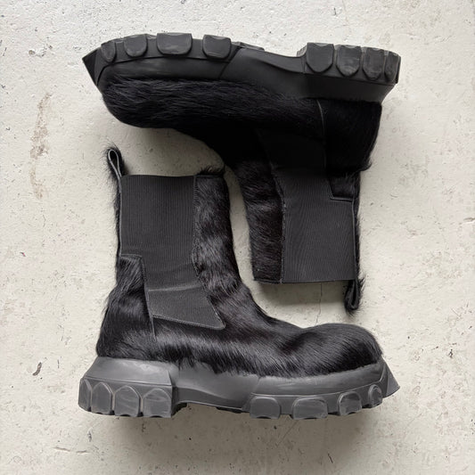 Rick Owens Black Pony Hair Bozo Tractor Boots (45)