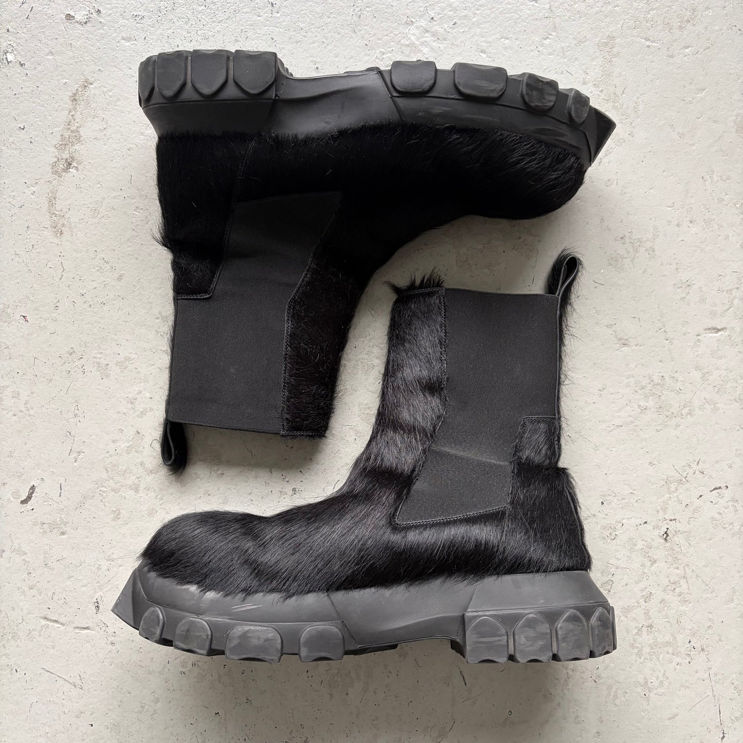 Rick Owens Black Pony Hair Bozo Tractor Boots (45)