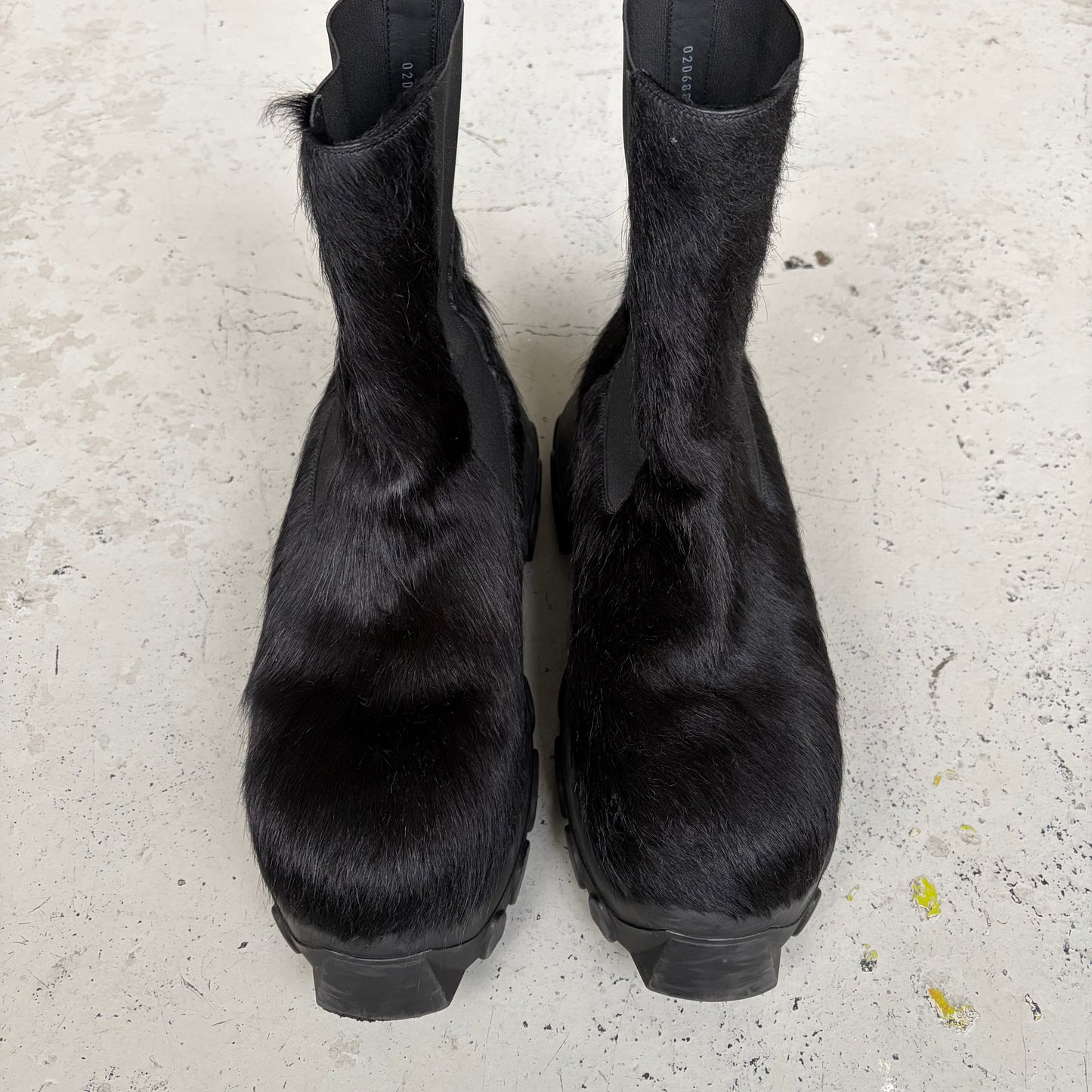 Rick Owens Black Pony Hair Bozo Tractor Boots (45)