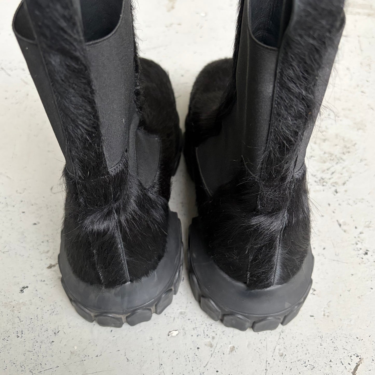 Rick Owens Black Pony Hair Bozo Tractor Boots (45)