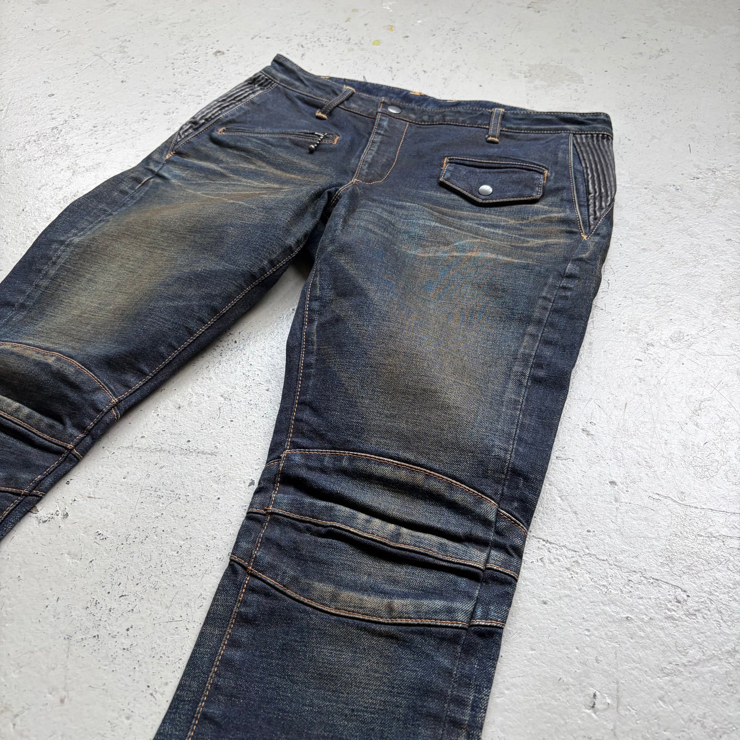 Isamu Katayama Blue Leather Panel Biker Denim (M)