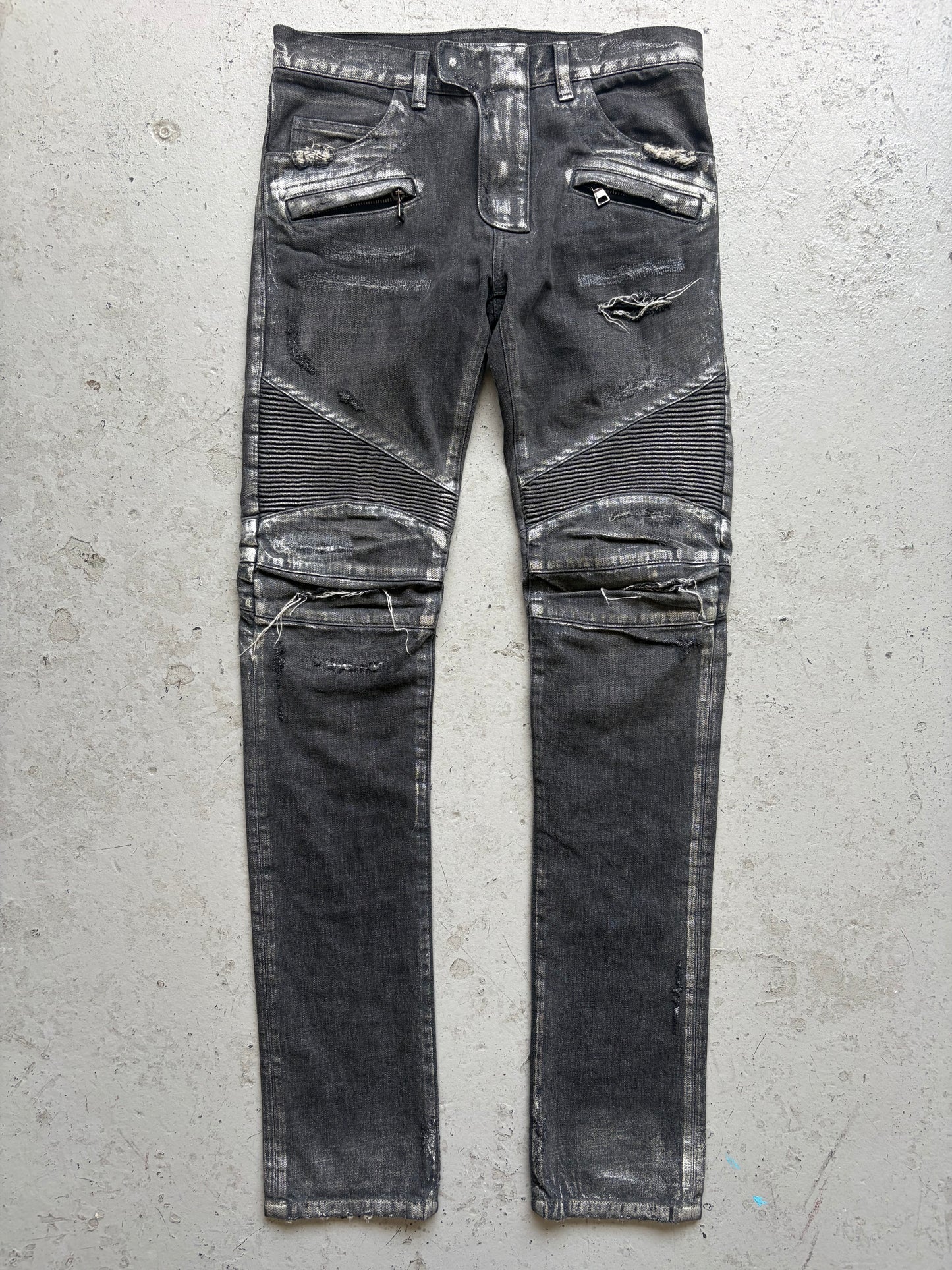 Balmain SS14 Silver Waxed Distressed Moto Biker Jeans (29)