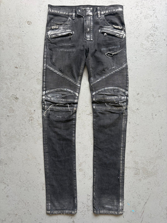 Balmain SS14 Silver Waxed Distressed Moto Biker Jeans (29)