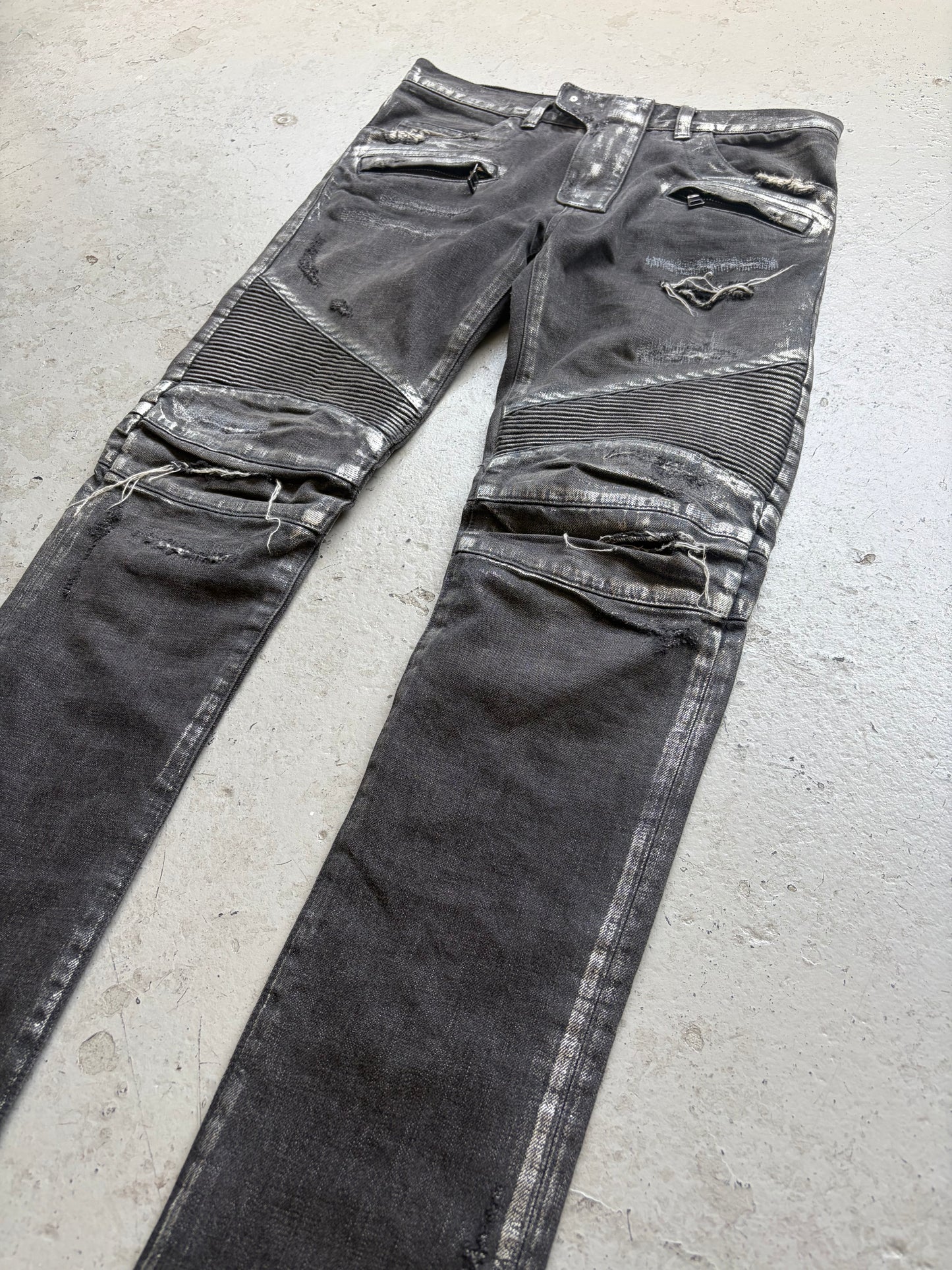 Balmain SS14 Silver Waxed Distressed Moto Biker Jeans (29)