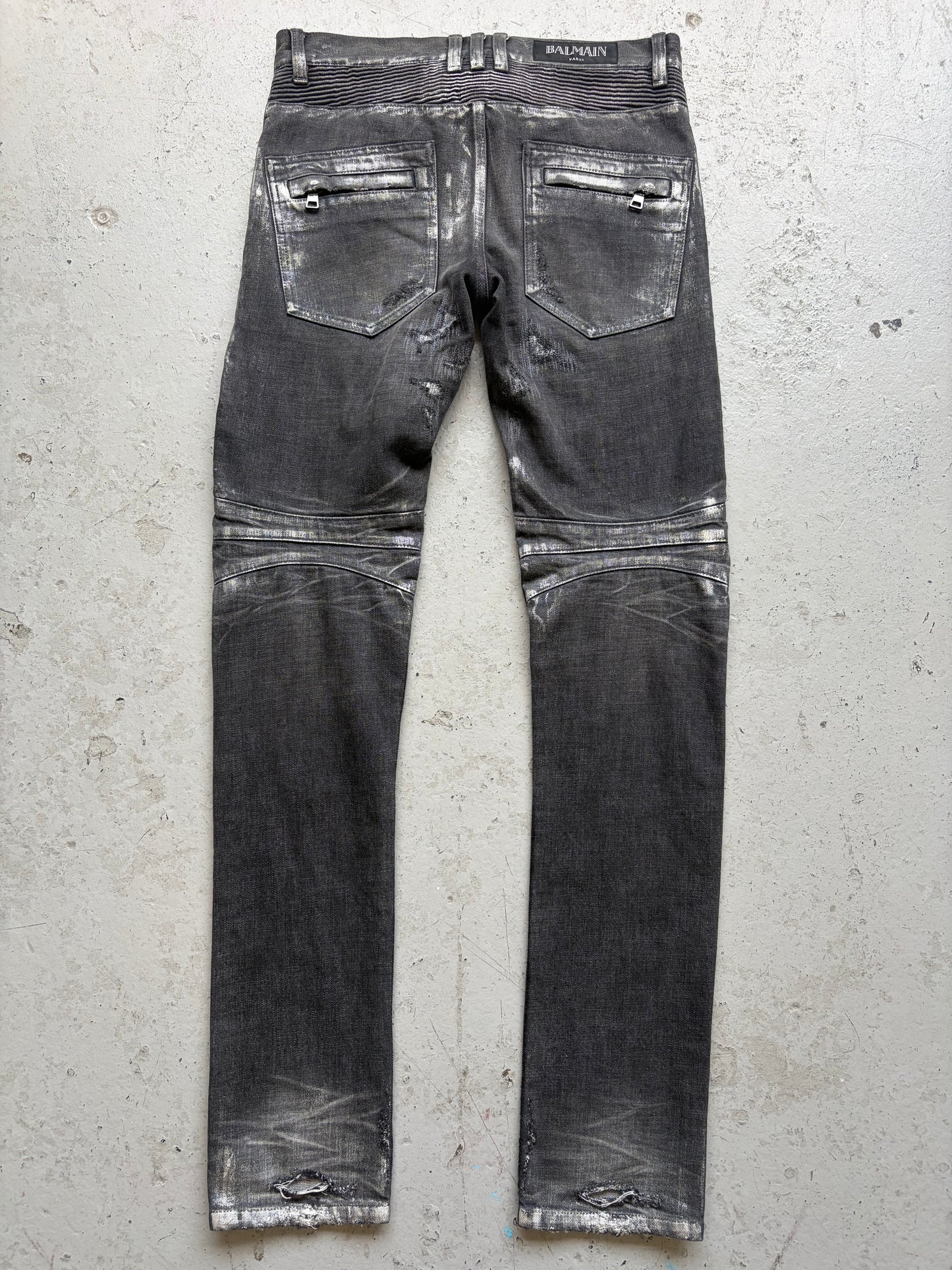 Balmain SS14 Silver Waxed Distressed Moto Biker Jeans (29)