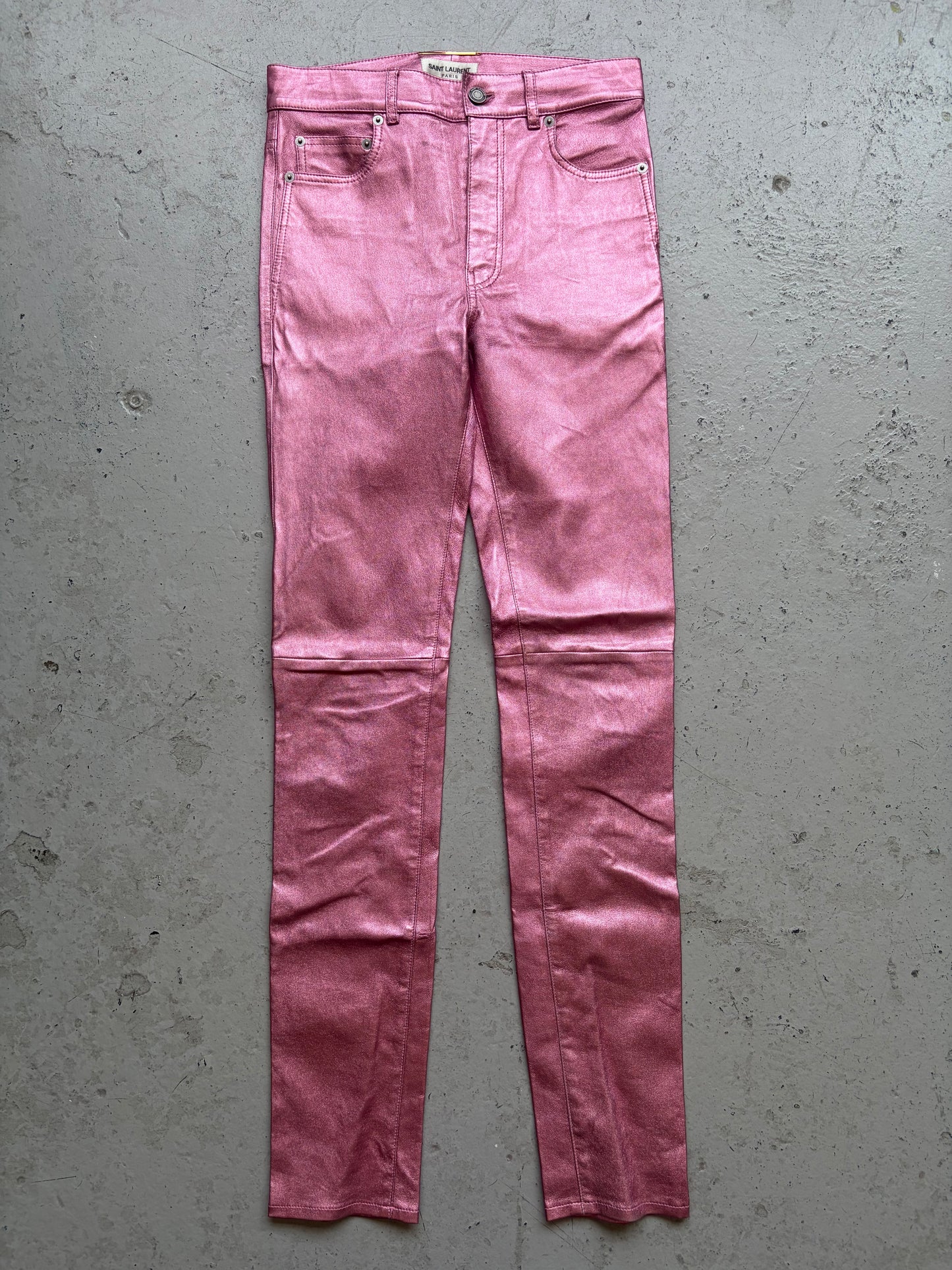 Saint Laurent Paris 2021 Pink Metallic Leather Pants (36)