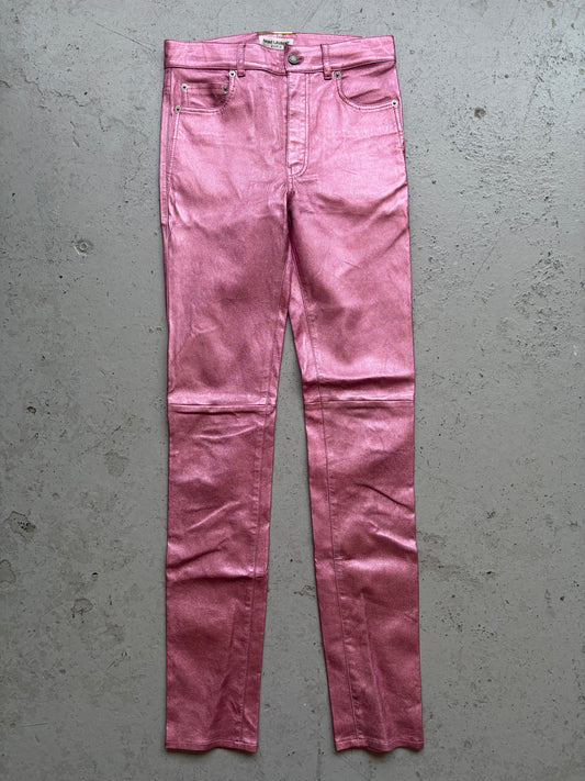 Saint Laurent Paris 2021 Pink Metallic Leather Pants (36)