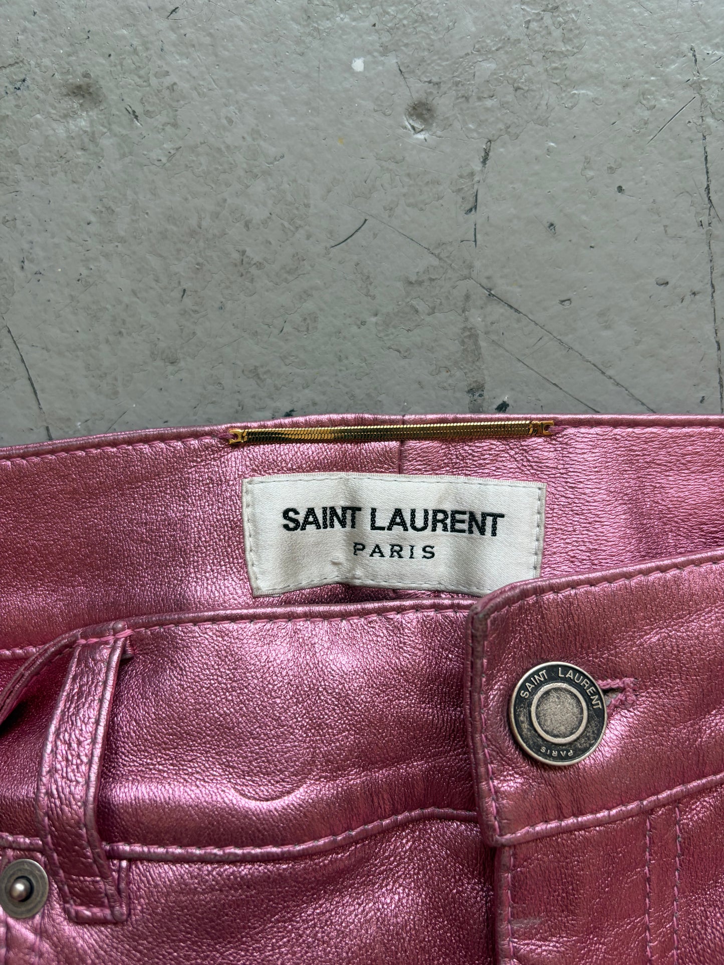 Saint Laurent Paris 2021 Pink Metallic Leather Pants (36)