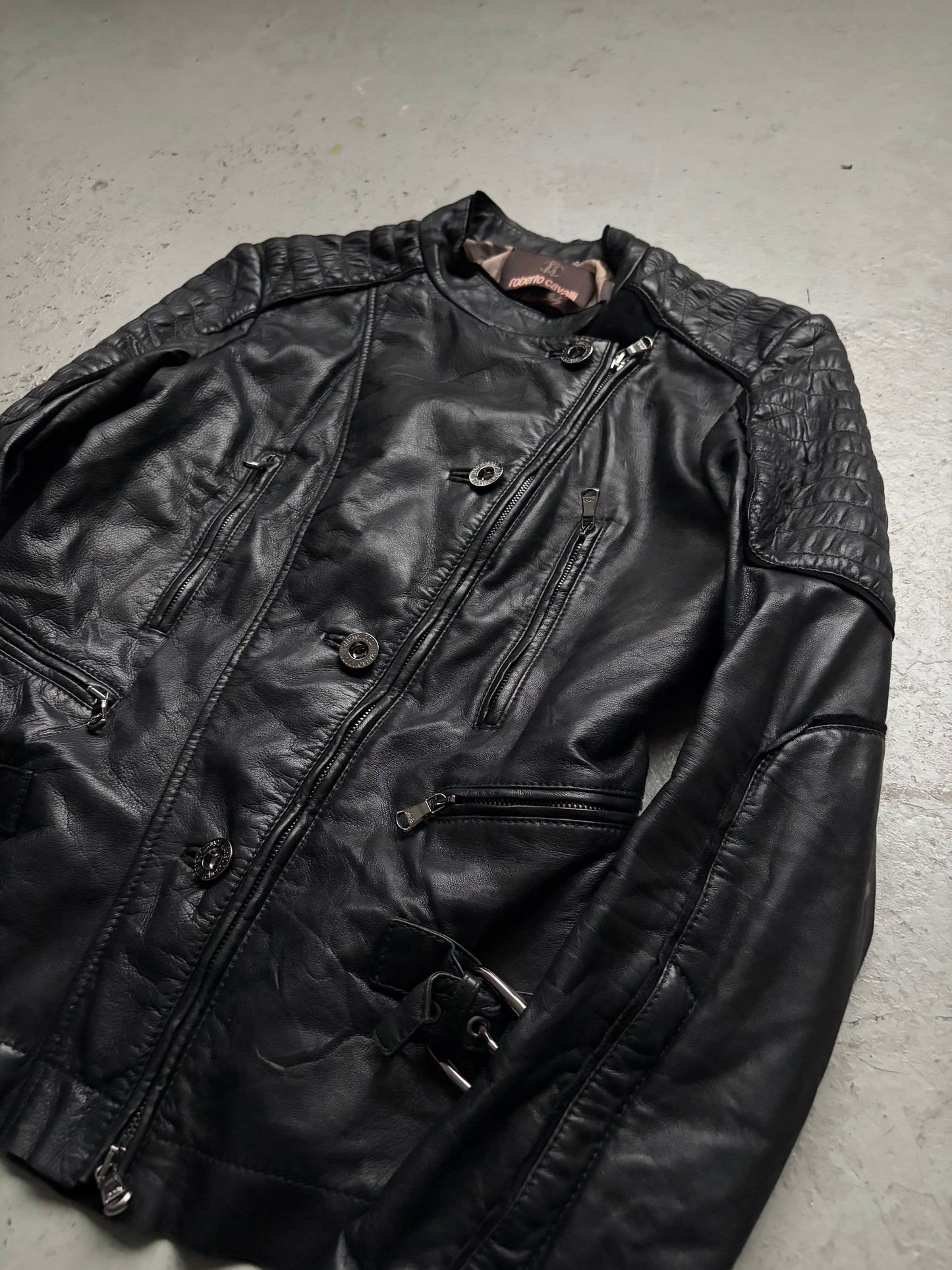 Roberto Cavalli Black Leather Asymmetrical Jacket (40)