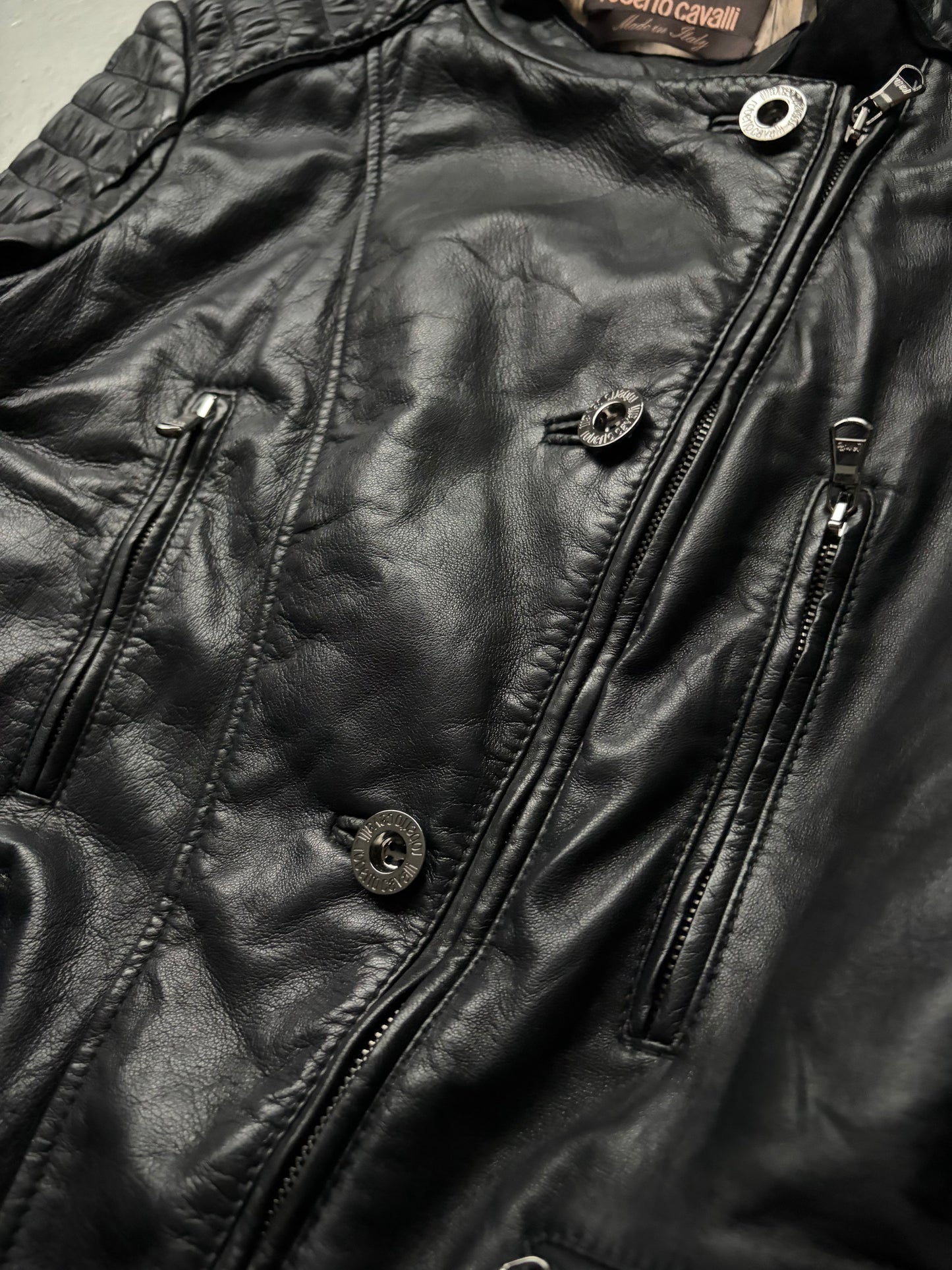 Roberto Cavalli Black Leather Asymmetrical Jacket (40)