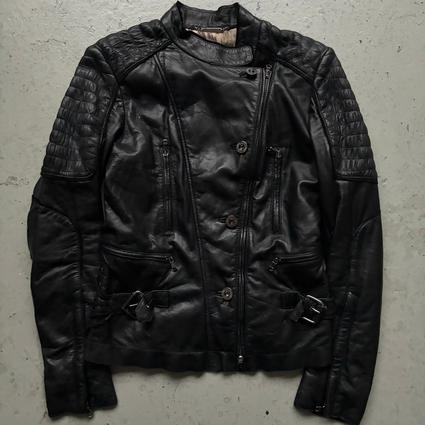 Roberto Cavalli Black Leather Asymmetrical Jacket (40)