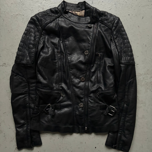 Roberto Cavalli Black Leather Asymmetrical Jacket (40)