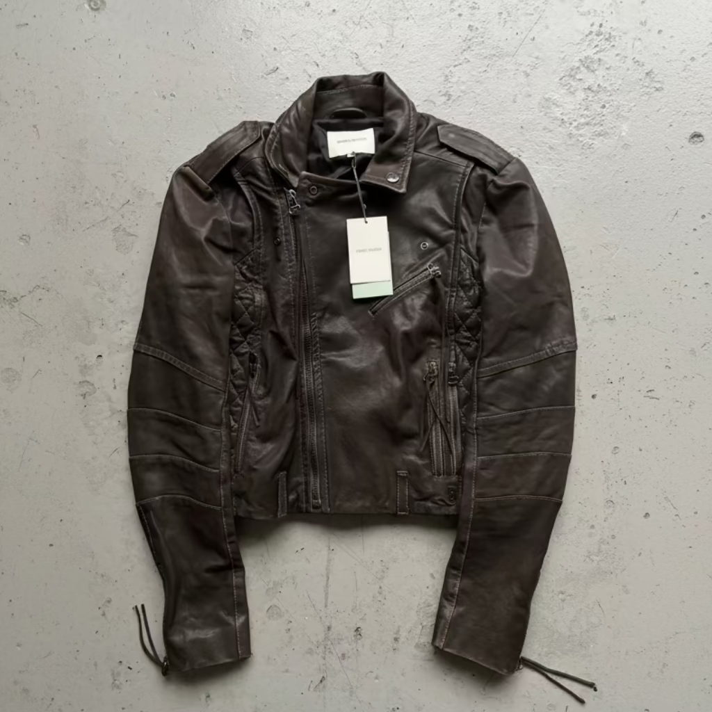 Pierre Balmain Brown Leather Asymmetrical Zip Up (46)