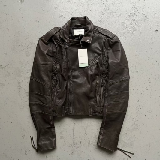 Pierre Balmain Brown Leather Asymmetrical Zip Up (46)