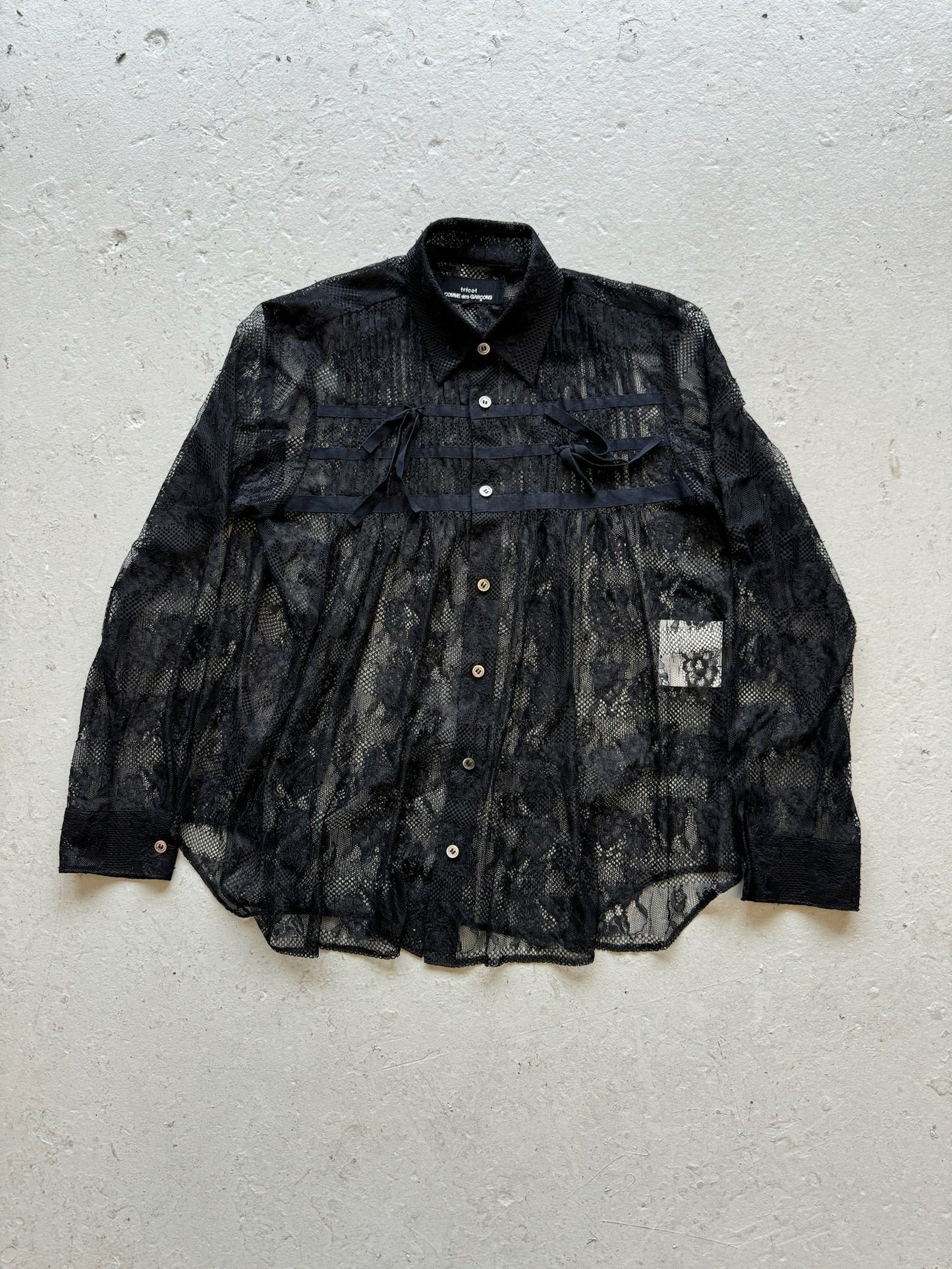 Comme Des Garcon Tricot '06 Black Ribboned Mesh Floral Button Up (M)