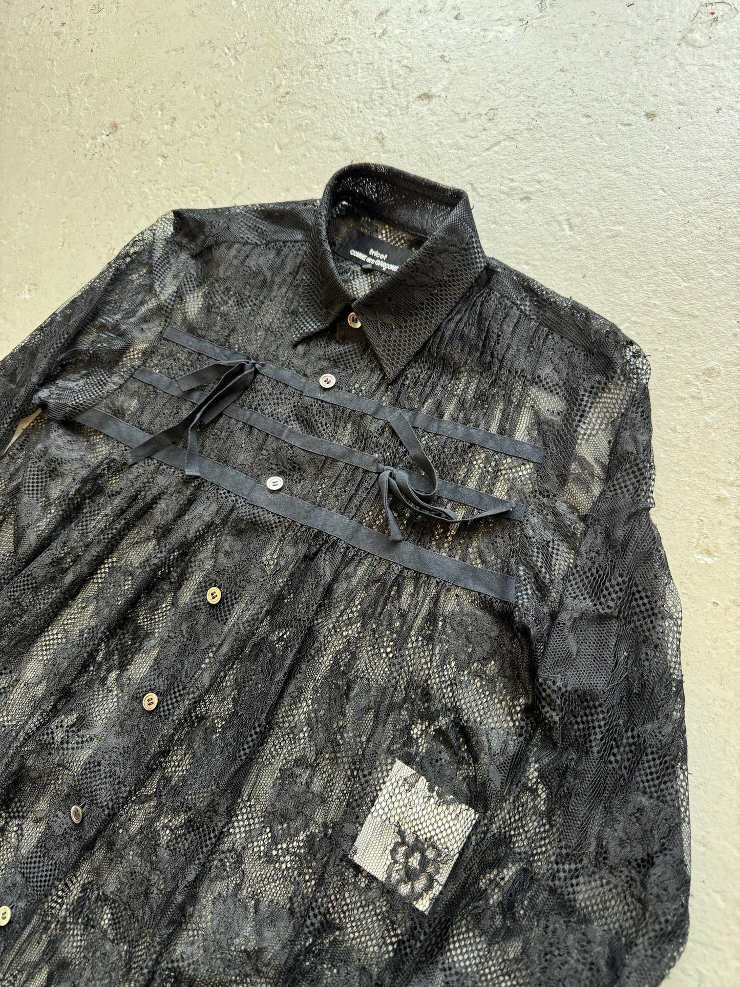 Comme Des Garcon Tricot '06 Black Ribboned Mesh Floral Button Up (M)