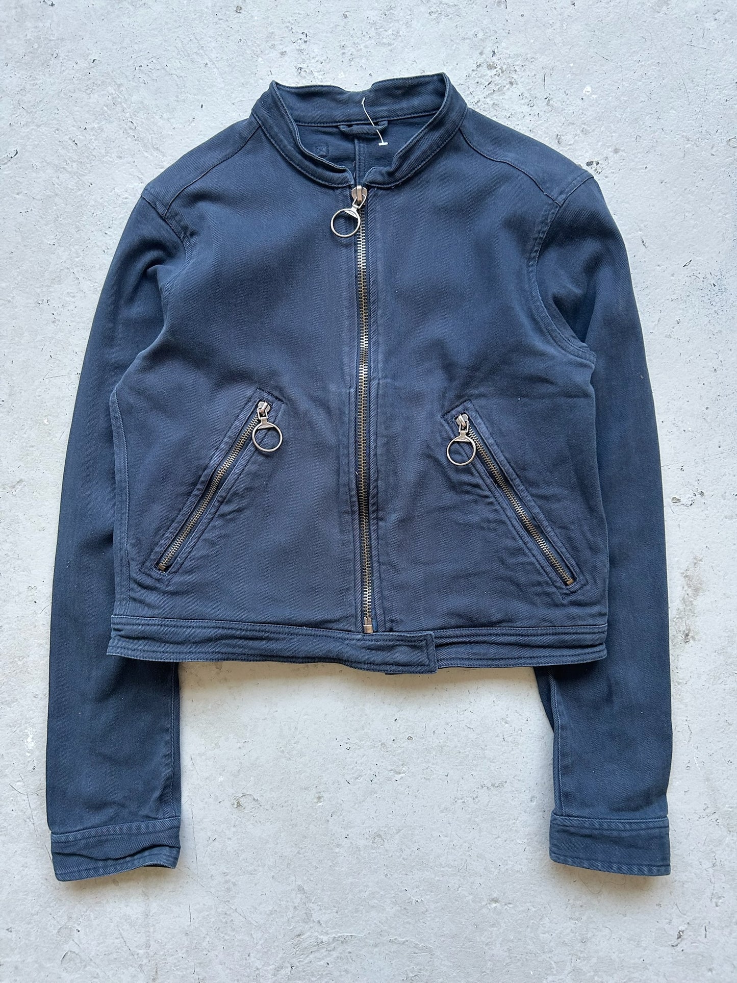 Prada Sport Navy Cotton Nylon Blend Cropped Biker Jacket (46)