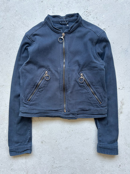 Prada Sport Navy Cotton Nylon Blend Cropped Biker Jacket (46)