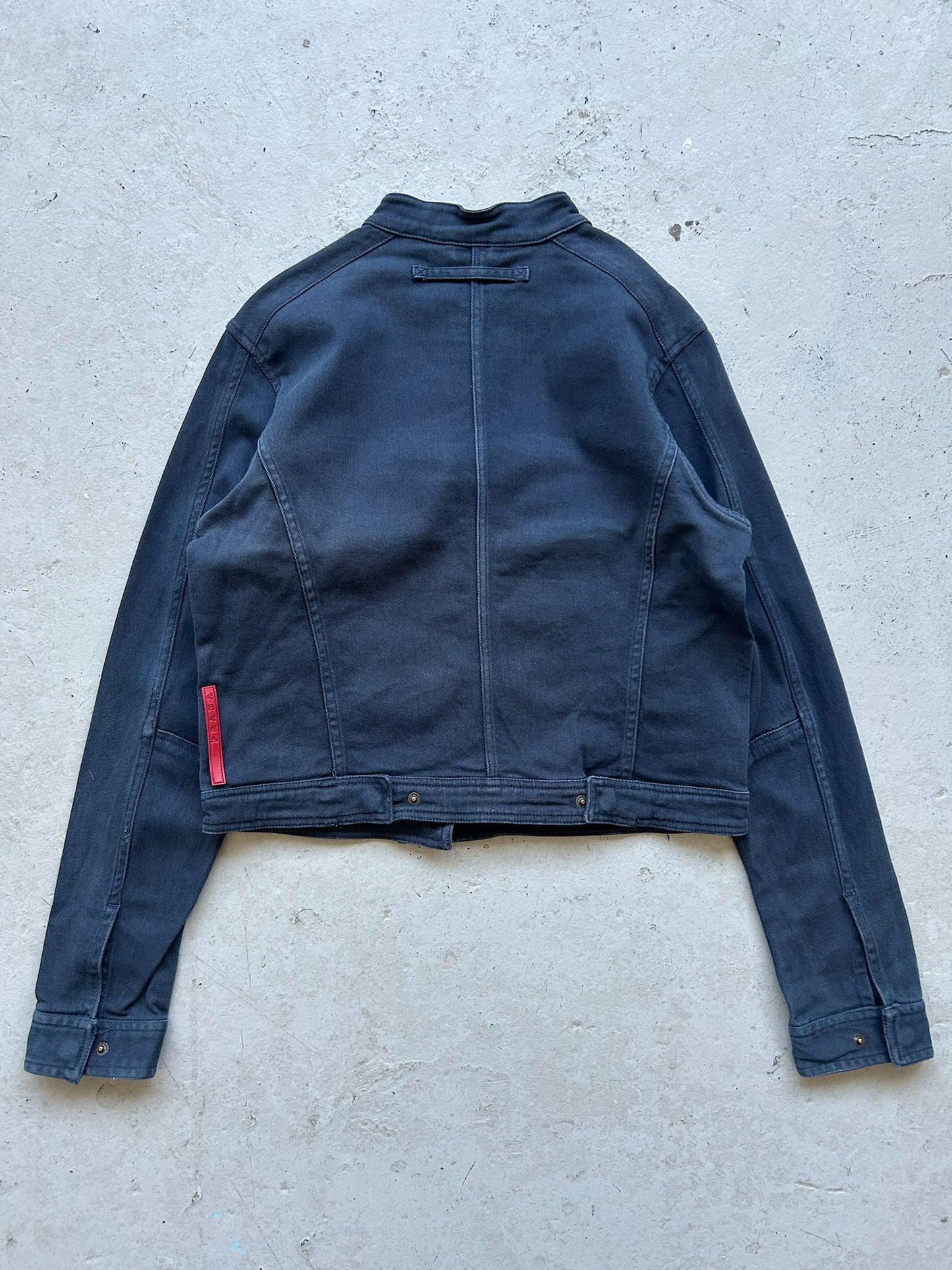 Prada Sport Navy Cotton Nylon Blend Cropped Biker Jacket (46)